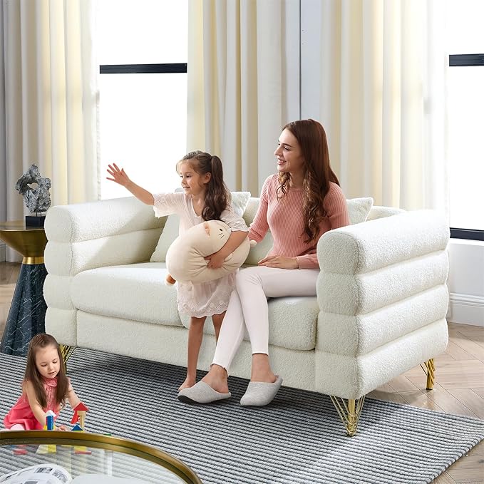 Antetek 60-inch Couches for Living Room Modern Teddy Fabric Upholstered Loveseat Sofa Couch with Square Arm and 4 Golden Metal Legs for Living Room Office Apartment White