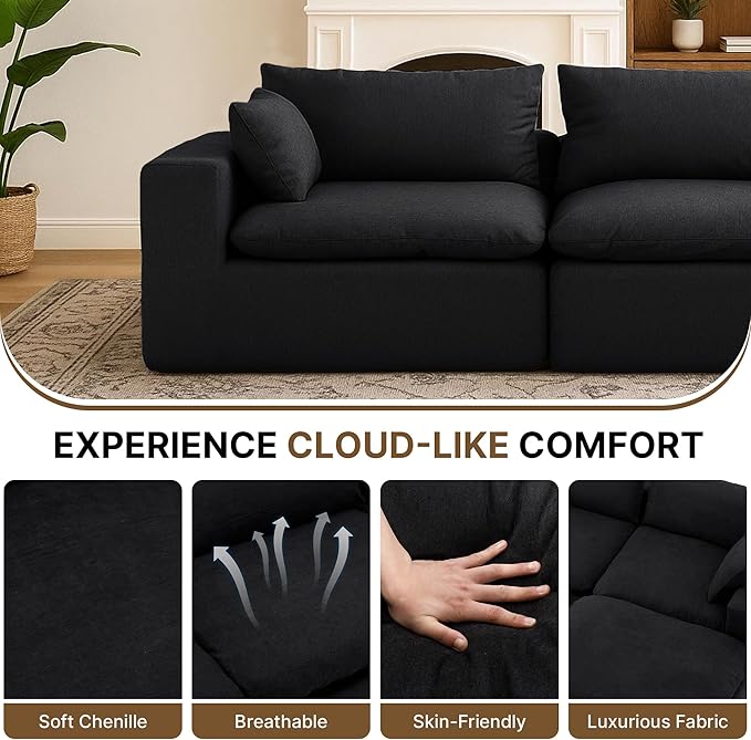 91.34 No Assembly Required Sectional Couch Modern 6-Piece Frameless Modular Sofa with Ottoman Deep Seat Cloud Couches for Living Room Oversized Chenille Comfy Sofa Black