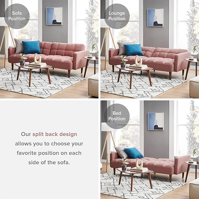 mopio Aaron 76.8 Couch Small Futon Sofa Bed Sleeper Loveseat Mid Century Modern Futon Couch Sofa Cama Couches for Living Room Bedroom (Old Rosa Velvet)