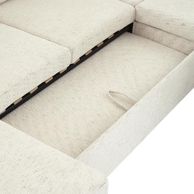109.9 Modern Sectional Sofa Pull-Out Sofa Bed Sleeper with Storage Ottoman and 2 Cup Holders Chenille Convertible U-Shaped Couch Bed for Living Room (Beige-3.13)