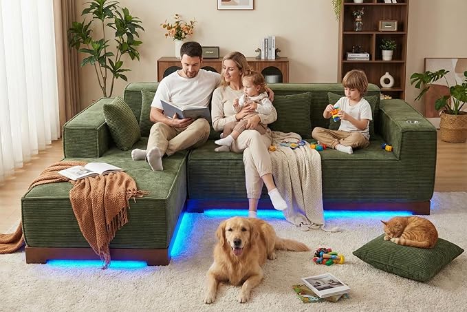 LIKIMIO 110 Inch L-Shape Sofa with LED Lights Boneless Couch with Oversized Chaise Deep Seat Built-in Holder &amp Storage Pocket Upholstered Couches for Living Room and Apartment Green