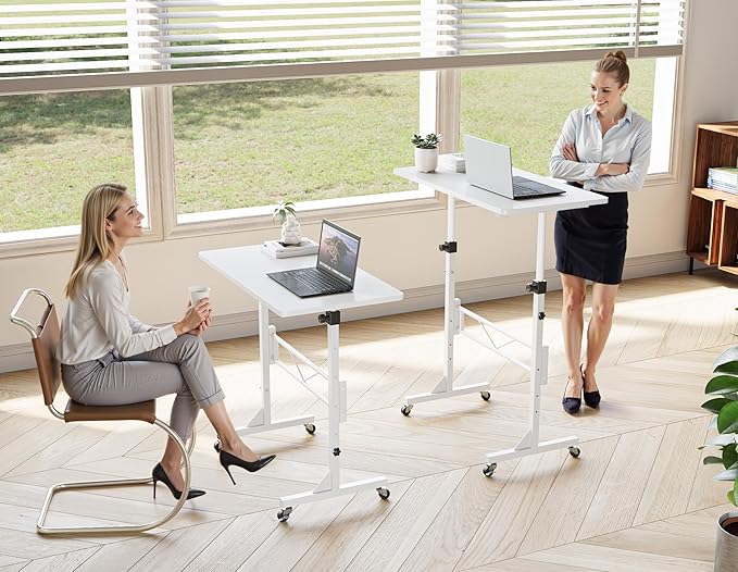 HOMIDEC Standing Desk 32 Inch Portable Small Desk Adjustable Height Rolling Home Office Desks with Wheels Sit Stand Desk for Bedroom Walking Pad Home Office Small Space White