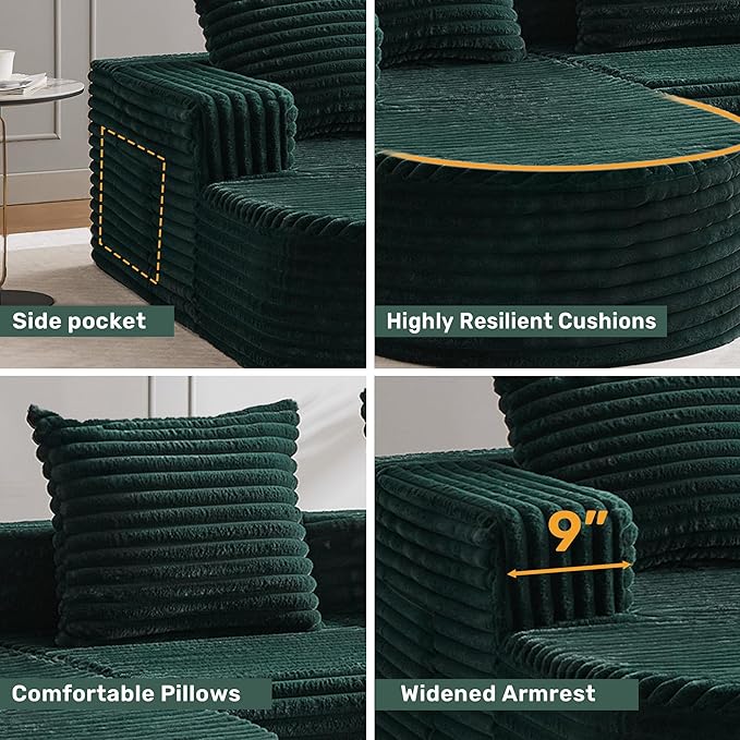 Boneless Cloud Couch Modular Sectional Sofa L-Shape with Chaise 102 Soft Faux Fur Deep Seat &amp 3 Pillows &amp 2 Side Pockets for Living Room Bedroom (Green Left Chaise)