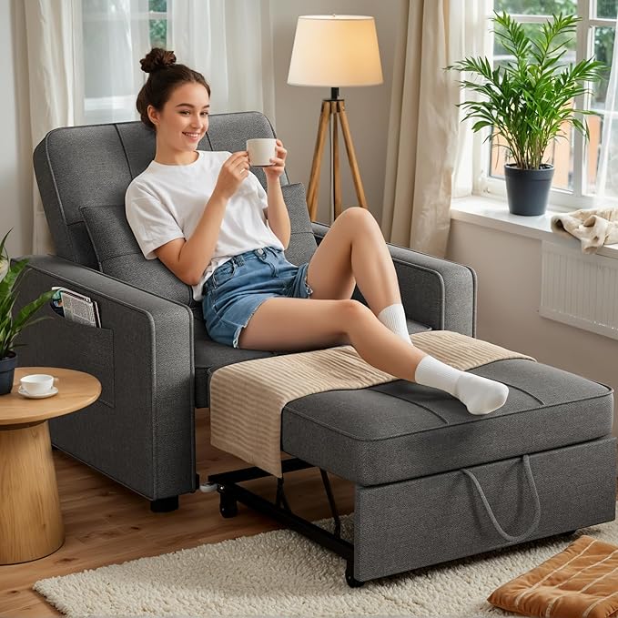 JUMMICO Sleeper Chair 3-in-1 Convertible Sleeper Sofa Bed for Adults Linen Fabric Pull Out Chair Bed with Adjustable Backrest Couches for Living Room Apartment Office Small Space (Dark Gray)