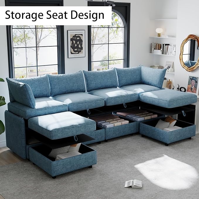129” Modular Sectional Sofa Convertible 6 Person U Shaped Couch with Storage 2 Removable Ottomans &amp Deep Seats Memory Foam Comfy Modular Couch for Living Room (Antique Blue 6 Seat)