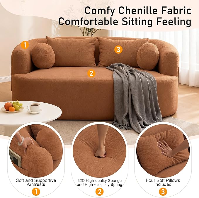 Loveseat Sofa 67.3 Boneless Curved Sofa Filling with Foam and Spring Chenille Small Love Seat for Small Spaces 4 Pillows and Side Pocket Living Room Apartment Bedroom No Assembly