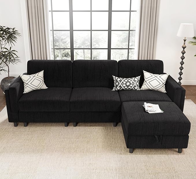 KKL Modular Sectional Sofa Bed with Storage Ottoman Convertible L/U-Shaped Sleeper Couch for Living Room Modern Reversible Design Black