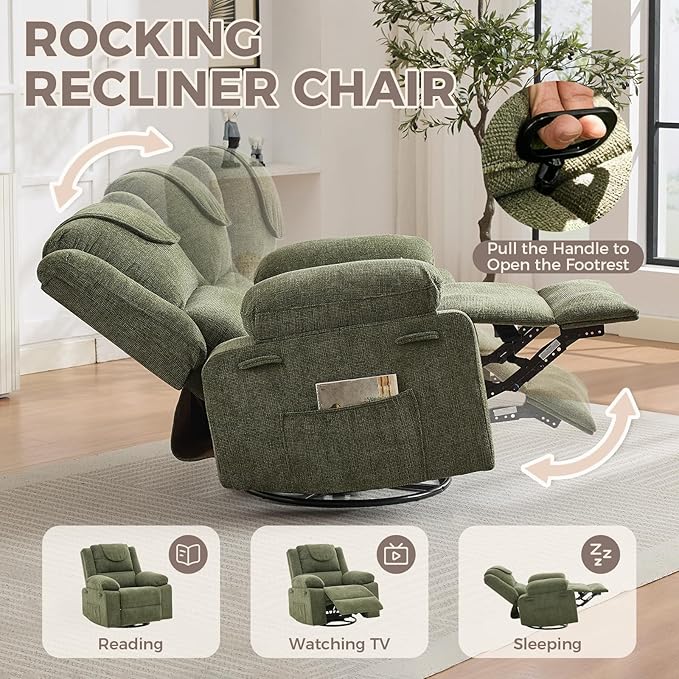 Swivel Rocker Recliner Chair for Adults with Massage and Heat Oversized Linen Fabric Glider Nursery Chair with Deep Seat High Backrest Upholstered Single Sofa for Living RoomGreen