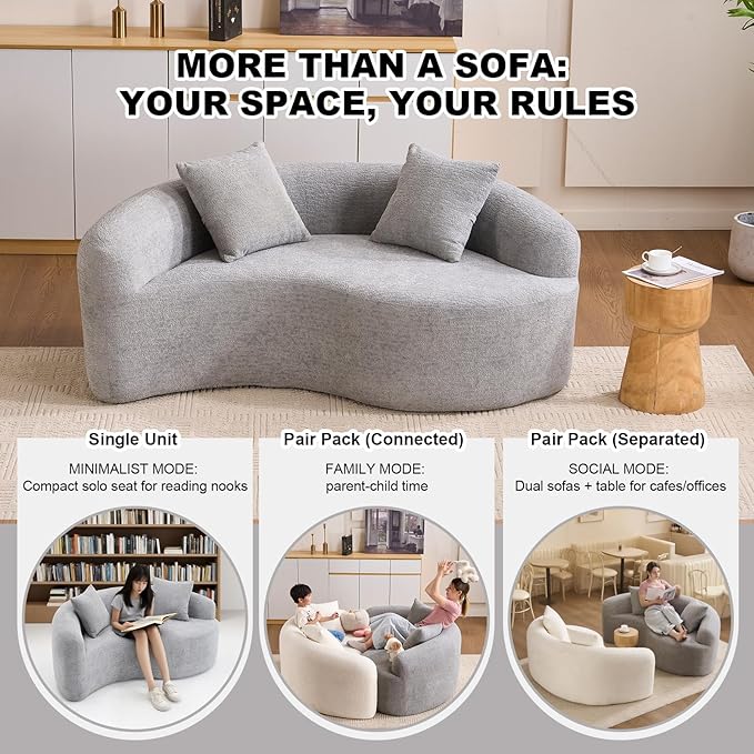 Tai Chi Symbol Loveseat Sofa Curved Yin-Yang Design Dual-Depth Meditation Couch 66.9 Chenille Modular for Small Spaces 300 lbs Capacity (Light Grey)
