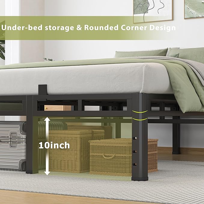 NKZ Queen Size Bed Frame 14 Inch Metal Bed Frame &amp Box Spring 2 in 1 Platform with Round Corner Legs 4000lbs Weight Capacity Reinforced Metal Frame Headboard Hole Noise-Free Easy Assembly