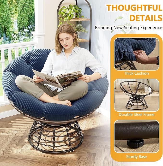 36” Papasan Chair with Cushion and Frame Oversized Papasan Chairs 360° Swivel Olefin Adjustable Feet Suitable for Living Room Patio Bedroom Indoor/Outdoor (Navy Blue)
