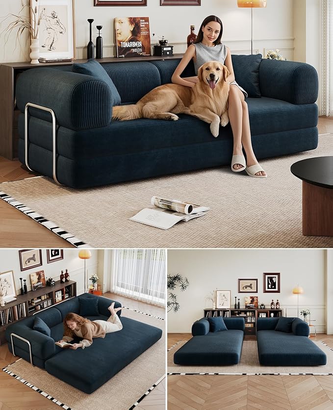 Convertible Sleeper Sofa Bed with Cylindrical Pillow 79 Inch Oversized Corduroy Upholstered Boneless CouchLove Seat Floor Sofas Living RoomSmall Space ApartmentOffice (Blue)