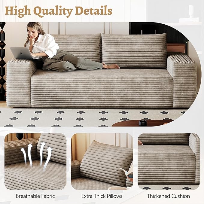Boneless Sofa Compressed Sofa Couch in a Box Deep Seat Couch for Living Room Bedroom Conference Room Apartment Backrest Pillow No Assembly (Camel 71)