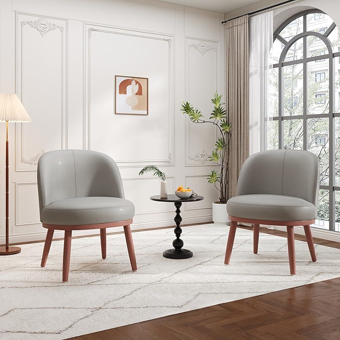 Accent Chair Set of 2 PU Leather Mid-Century Modern Chair for Small Space Comfy Upholstered Armless Chair for Living Room Bedroom Light Gray