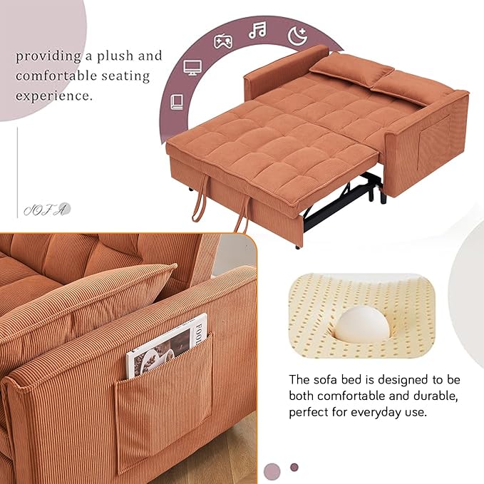 3 in 1 Corduroy Convertible Sofa Bed Pull Out Couch Bed with Reclining Backrest and 2 Pillows 54 Full Size Loveseat Sleeper Sofa Futon Couch Beds Couches for Small Spaces Living Room (Orange)
