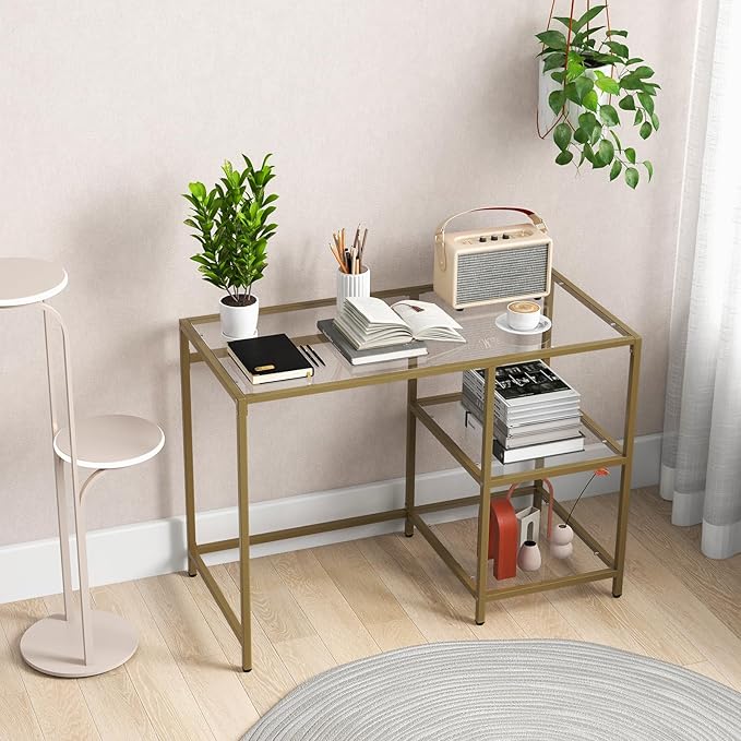 Tangkula Tempered Glass Computer Desk with 2-Tier Storage Shelves Modern Computer Workstation Vanity Makeup Table Sturdy Metal Frame Home Office Desk Student Writing Study Desk (Gold)