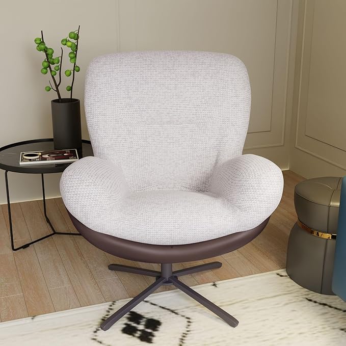 360° Swivel Office Chair Modern Chenille Chair with Faux Leather and Black Metal Base e No Wheels Accent Chair for Small Spaces Living Room Bedroom Reading Corner Office (White)