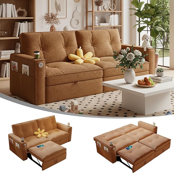 Queen Sofa BedConvertible Loveseat Sleeper SofasCouch with Pull Out BedPullout Couch Bed for Small SpaceQueen Sleeper Sofa Couches for Living RoomApartment &amp Guest Room Orange | USB Port Cup