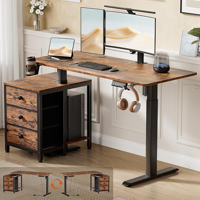 REAHOME Electric Standing Desk with Drawers 47 x 24 Inches Height Adjustable Sit Stand Desk with Storage 3 Memory Preset Home Office Computer Desk Printer Cabinet Cable Management Rustic Brown