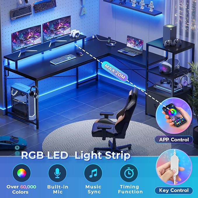 SEDETA L Shaped Gaming Desk 51 Computer Desk with Storage Shelves Gamer Desk with Power Outlets &amp LED Lights Fabric Drawer Monitor Stand and Hooks Black