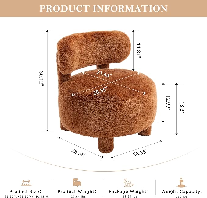 Modern Sherpa Accent Chair Upholstered Armless Slipper Chair Cute Furry Chairs with Curved Backrest and Solid Wooden Legs Side Chairs for Living Room Bedroom Reading Room (Fur Khaki)