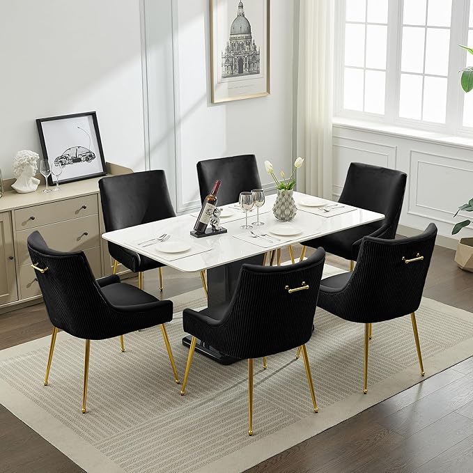 Velvet Dining Chairs Set of 6 Gold LegsUpholstered Velvet Accent Chairs Pleated Back Design &amp Gold Pull Handle Mid Century Modern Chairs for Dining/Kitchen/Living RoomBlack