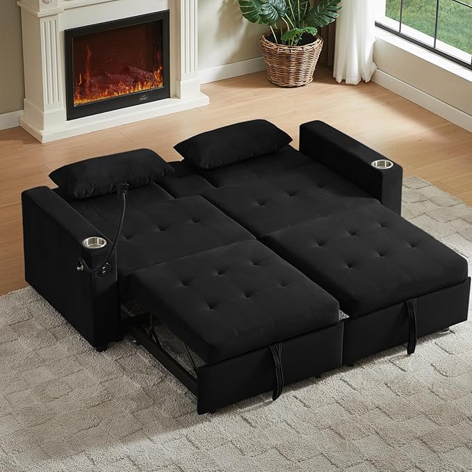 70 Queen Size Sofa Bed for Living Room – Pull-Out Sleeper Sofa Couch with Cup Holder Phone Holder USB Charging Port Solid Wood Frame Easy Assembly Space-Saving Design for Small Apartments