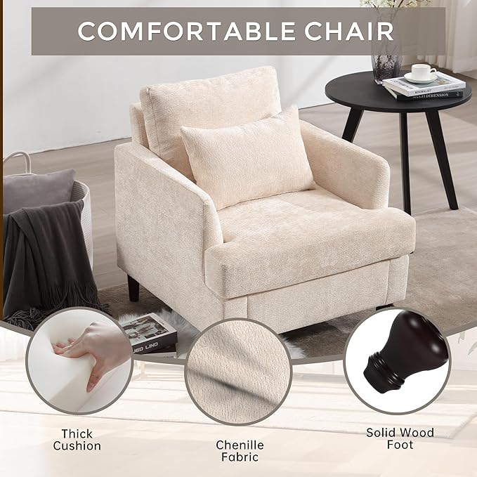 Modern Accent Chair 29'' W Comfy Chenille Tufted Lounge Armchair for Living Room Upholstered Mid Century Reading Nook Chairs Single Sofa Chair Solid Wood Frame (Beige)