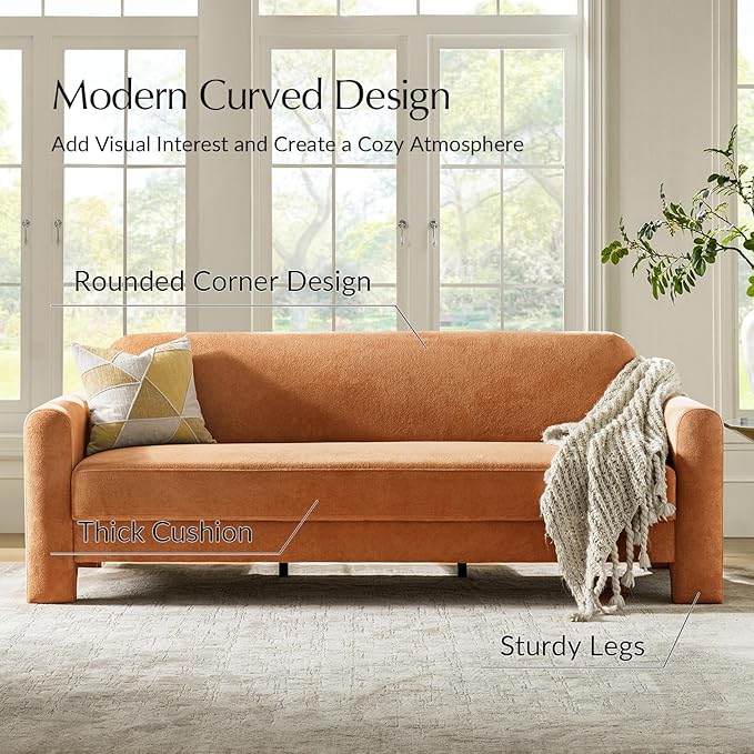 HULALA HOME 84 Modern Curved Sofa Comfy Chenille Couch with Wrapped Armrests 3 Seater Sofa for Living Room Easy to Assemble Orange
