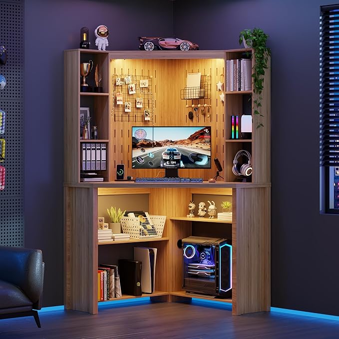 Corner Desk with - LED Reading Light L-Shaped Computer Desk w/Hutch &amp Shelves Home Office Desk w/Charging Station for Work &amp Study File Cabinet Storage Bookshelf for Small Space (Natural)
