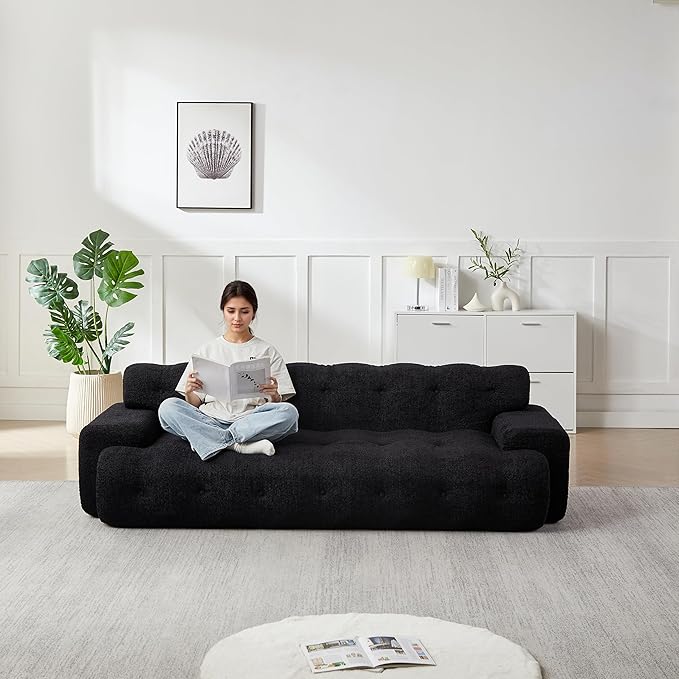 KEIKI 87.4 Cloud Couch Oversized 3 Seat Sofa with Button-Tufted Square Arm Deep Seat Chenille Seat for Living Room Guest Bedroom No Assembly Required Black