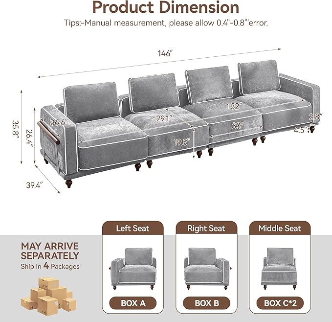 146 Modular Sectioanl Sofa Oversized 4-Seater Cloud Couches for Living Room Comfy Deep Seat Couches with Wooden Leg Armrets Chenille Grey