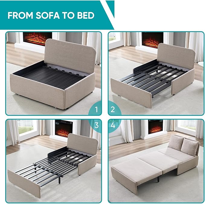 BALUS 43 Width Twin Pull Out Sofa Bed Sleeper Couch with Pullout Beds Convertible 2 in 1 Linen Sleepers Sofas Armless Chair with Pillows and 3.9 Mattress for Small Space Apartment Loft Beige