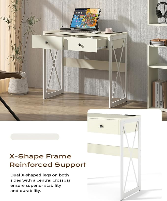 Manora Compact Computer Desk with Power Outlets 2 Drawers and Metal Frame 31.5 Small Desk for Home Office Study or Makeup Area White