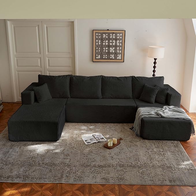 134 Black Boneless Couch with Ottoman  Sectional Couches for Living Room L Shaped Couch 4 Seat Sofa with Pearl PipingCompression Sofa for Bedroom Comfy  No Assembly Corduroy (134’‘ Black)