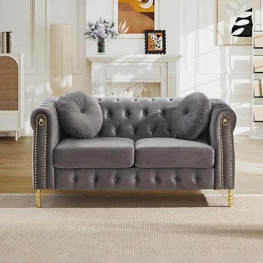 Antetek 60.5-inch Loveseat Chesterfield Sofa Mid Century Modern Sofa Couch with Button Tufting &amp Rolled Arms Comfy Upholstered Velvet Deep Seat Couch for Living Room Office Grey