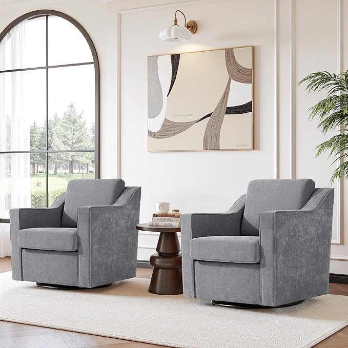Swivel Accent Chair Modern Round Barrel Arm Chair for Living Room Bedroom Comfy Club Reading Chairs for Adults (Chenille Grey Set of 2)