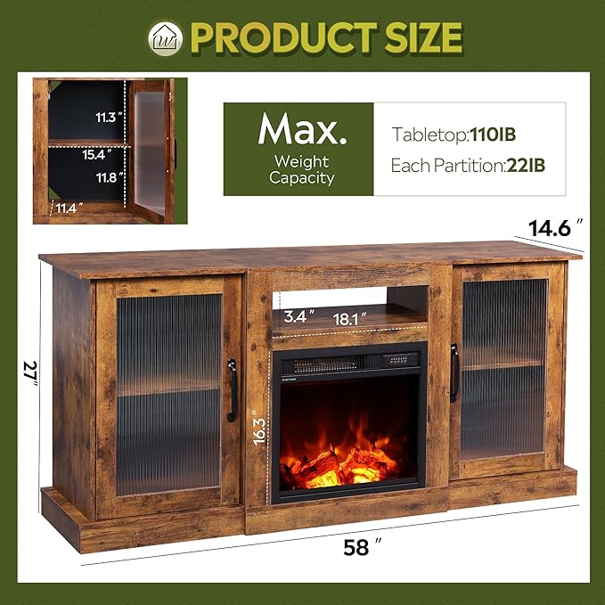 WLIVE Fireplace TV Stand for 65 TV Entertainment Center with 3D Realistic Flame Electric Fireplace TV Console with Open Shelves for Living Room Rustic Brown