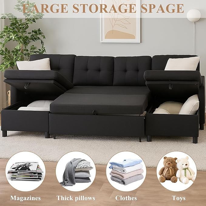 Sleeper Sofa Couch Oversized Pull Out Couch Bed with Storage Chaise Sectional Sleeper Sofa Bed for Living Room (Black Double Chaise)