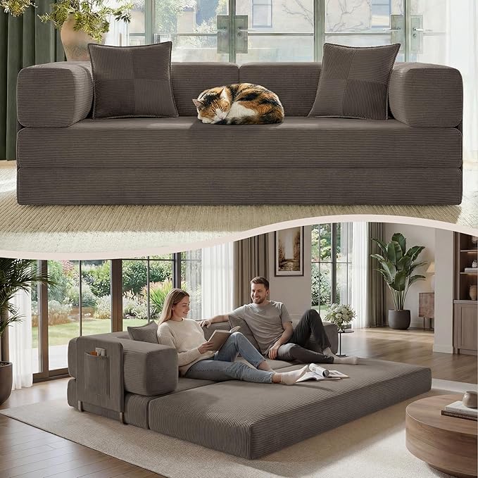 Belhome 78.8 Convertible Sofa Bed Futon Sofa Bed with Side Pocket Corduroy Pull Out Futon Sofa Boneless Couch for Living RoomsNo Assembly Required Latte