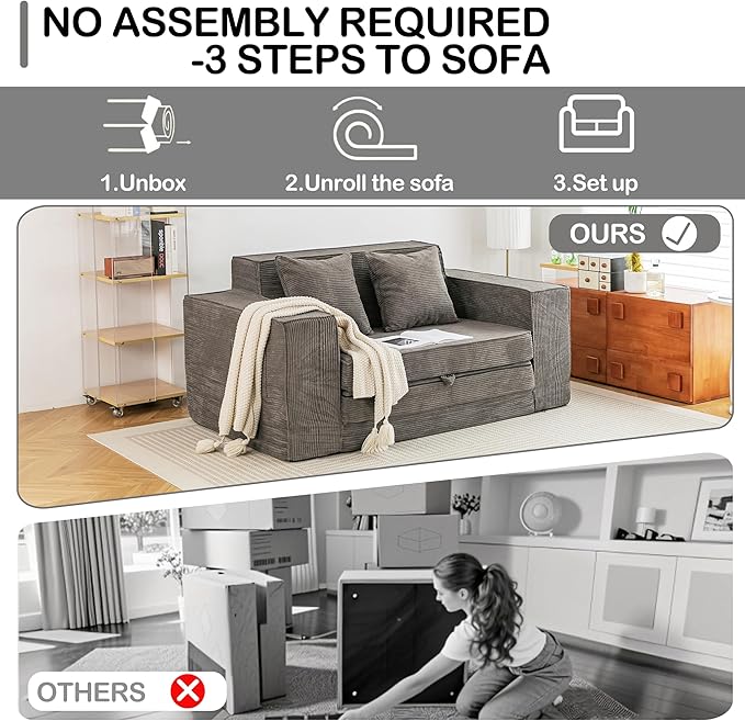 HOMREST 63 Convertible Memory Foam Loveseat Sofa Pull Out Sleeper Sofa Bed 2 in 1 Folding Couch Bed Fold Out Floor Couch Corduroy Fabric with 2 Pillows for Living Room Bedroom Lounge (Grey)