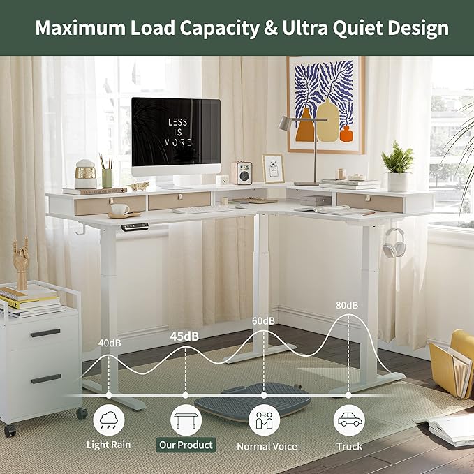 FEZIBO 63 Triple Motor L Shaped Standing Desk with 3 Drawers 330LBS Electric Standing Gaming Office Desk L Shape Pure White