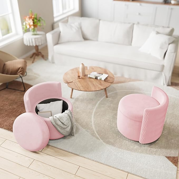 360° Swivel Accent Chair with Storage Vanity Stool with Back Velvet Storage Ottoman Upholstered Round Barrel Vanity Chair for Living Room Makeup Room Bedroom (Pink)
