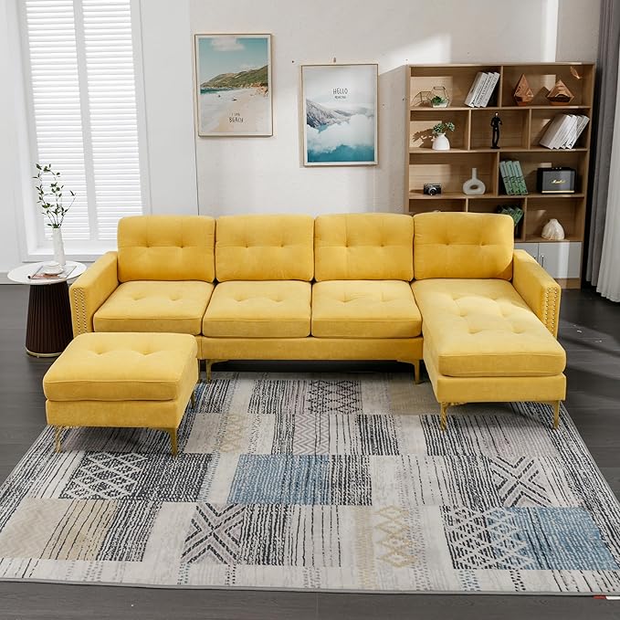 kevinplus 111 Velvet Sectional Sofa Couch for Living Room Modern Contemporary L-Shaped 4-Seat Tufted Sofa Couch with Chaise Lounge &amp Ottoman for Apartment Office Strong Metal Leg Yellow