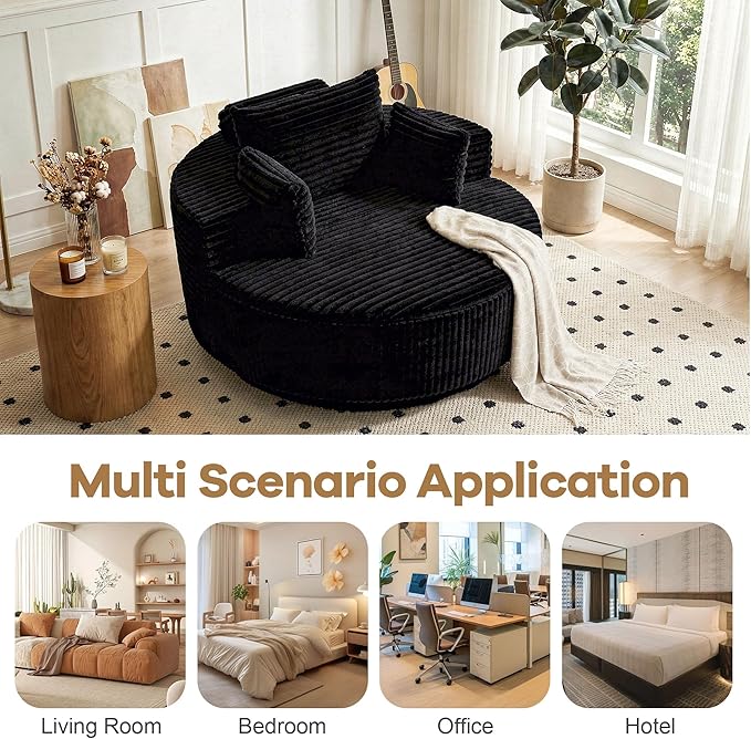 55 Oversized Round Single Swivel Indoor Chair Cozy Corduroy Upholstered Circle Round Sofa Deep Seat Round Swivel Chair for Living Room Bedroom &amp Reading No Assembly Required Black