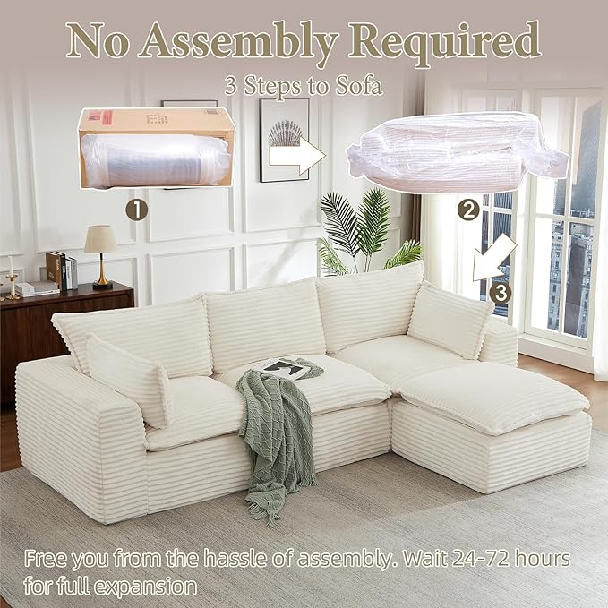 110 Inch Modular Sectional Sofa - Cloud Sectional Couch with OttomanCorduroy Boneless Couches with Deep SeatModern Sponge Compressed Couches for Living Room (White 4 Seat -L Shape Couch)