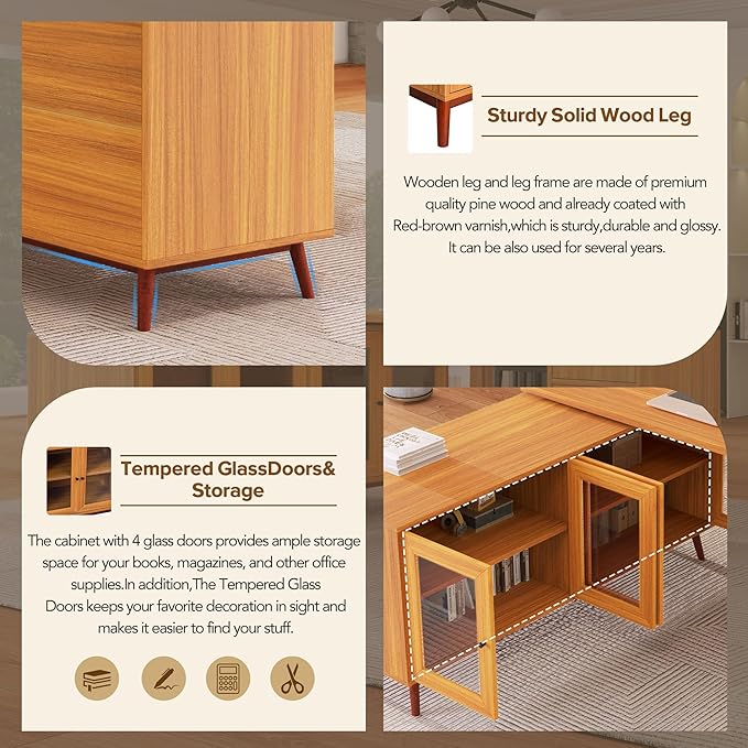 66.5 Modern L-Shaped Executive Desk with Delicate Tempered Glass Cabinet StorageLarge Office Desk with DrawersBusiness Furniture Desk Workstation for Home Office