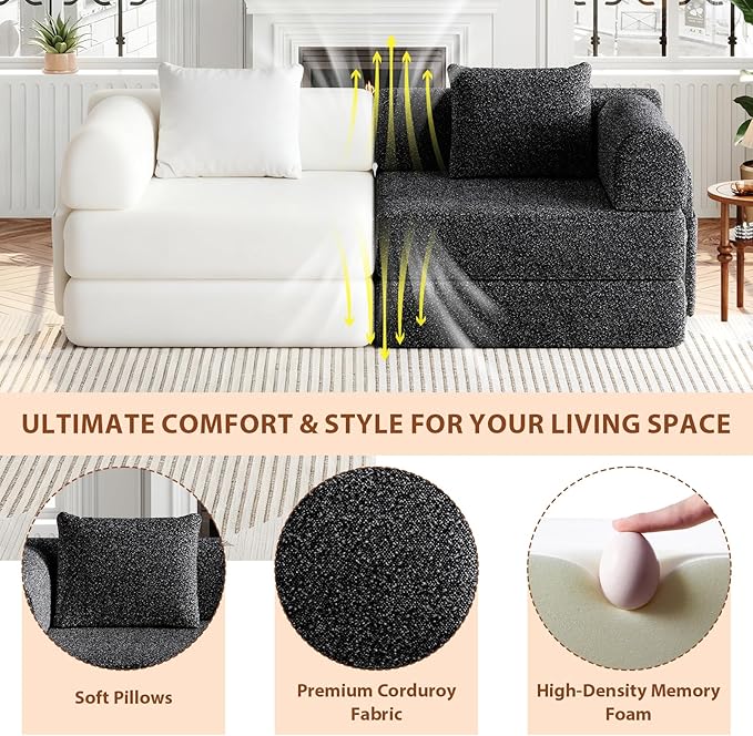 Convertible Sofa Bed 72.4+ 72.4 Sectional Couch 4-Seater with Storage Pockets Modular Sleeper Couch Chenille Folding Floor Boneless Lounge Sofa for Living Room Guest Room Black