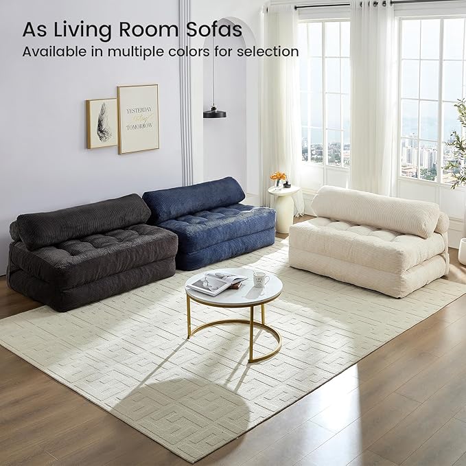 ijuicy 50 W Folding Sofa BedCorduroy Futon Sofa Bed Convertible Sleeper Chair with Pillow Foldable Mattress with Back Support Floor Couch for Adults for Living RoomNo Assembly（Beige/Full）
