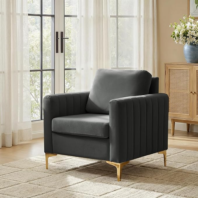 Modern Upholstered Velvet Accent Chair Velvet Armchair Club Chair with Gold Metal Legs Mid-Century Barrel Leisure Comfy Reading Chair for Livingroom BedroomGrey